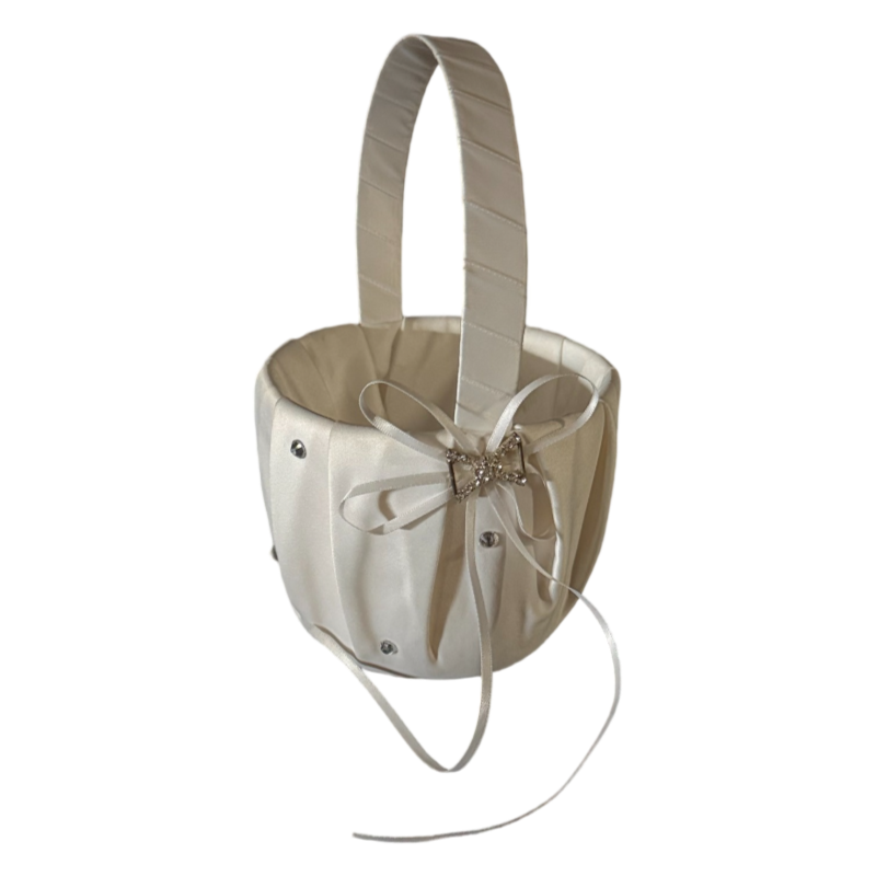 White Satin Flower Girl Basket with Bow & Crystal Accent – 9″ Wedding Ceremony Basket