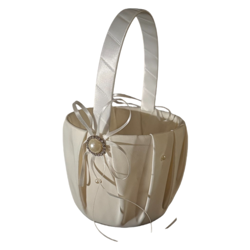 Ivory Satin Flower Girl Basket with Bow & Crystal Accent – 9″ Wedding Basket