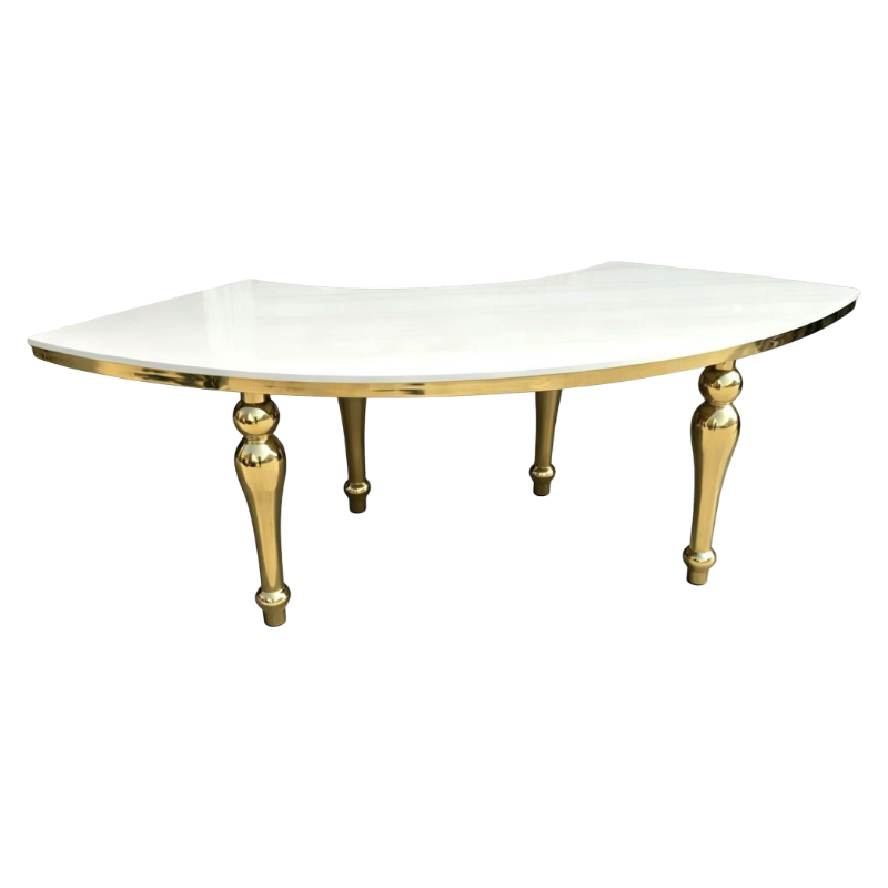 Luxury Serpentine Wedding Reception Table – White Top, Gold Stainless Steel, 98" Banquet Table