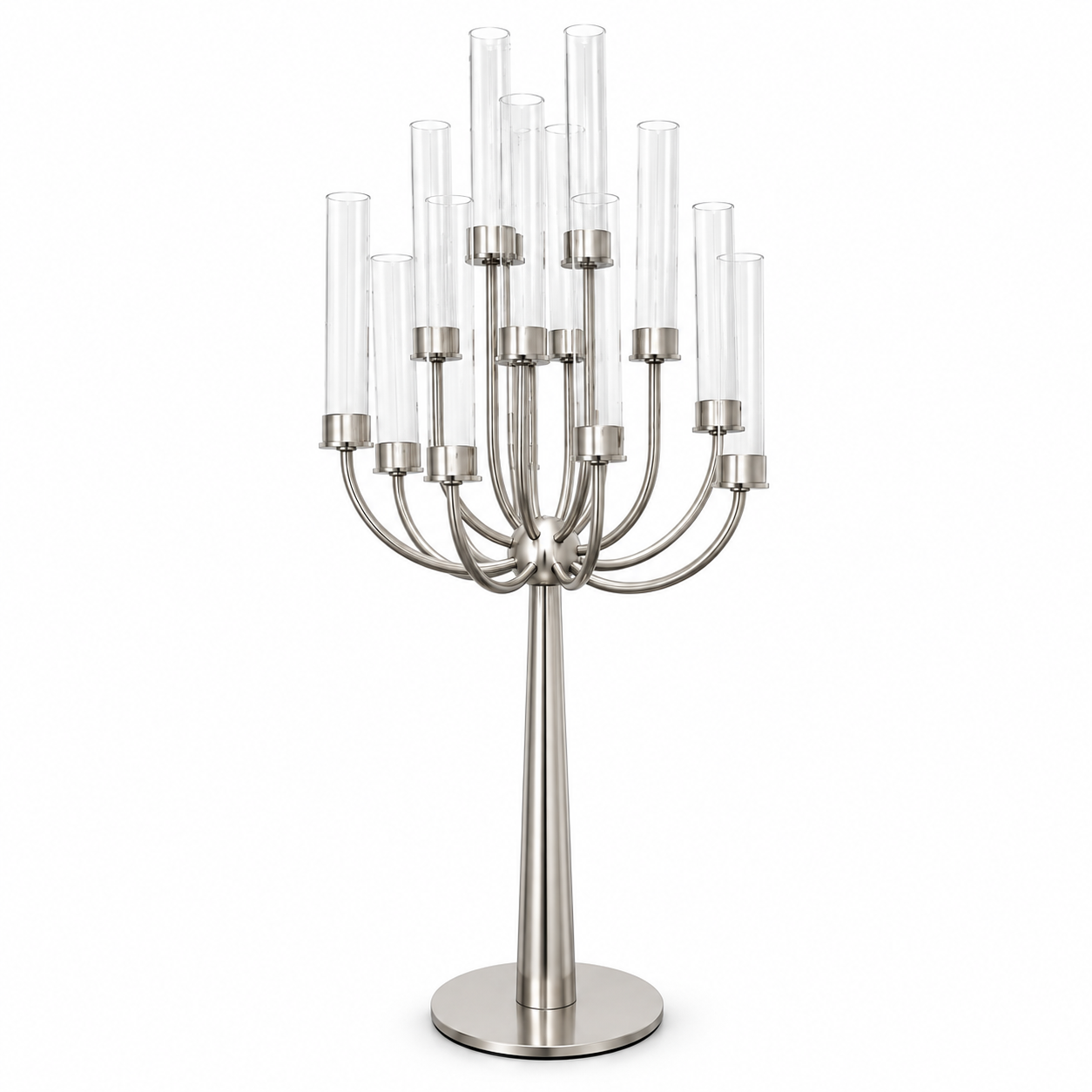 45” H 16-Branch Silver Candelabra Centerpiece with Glass Shads